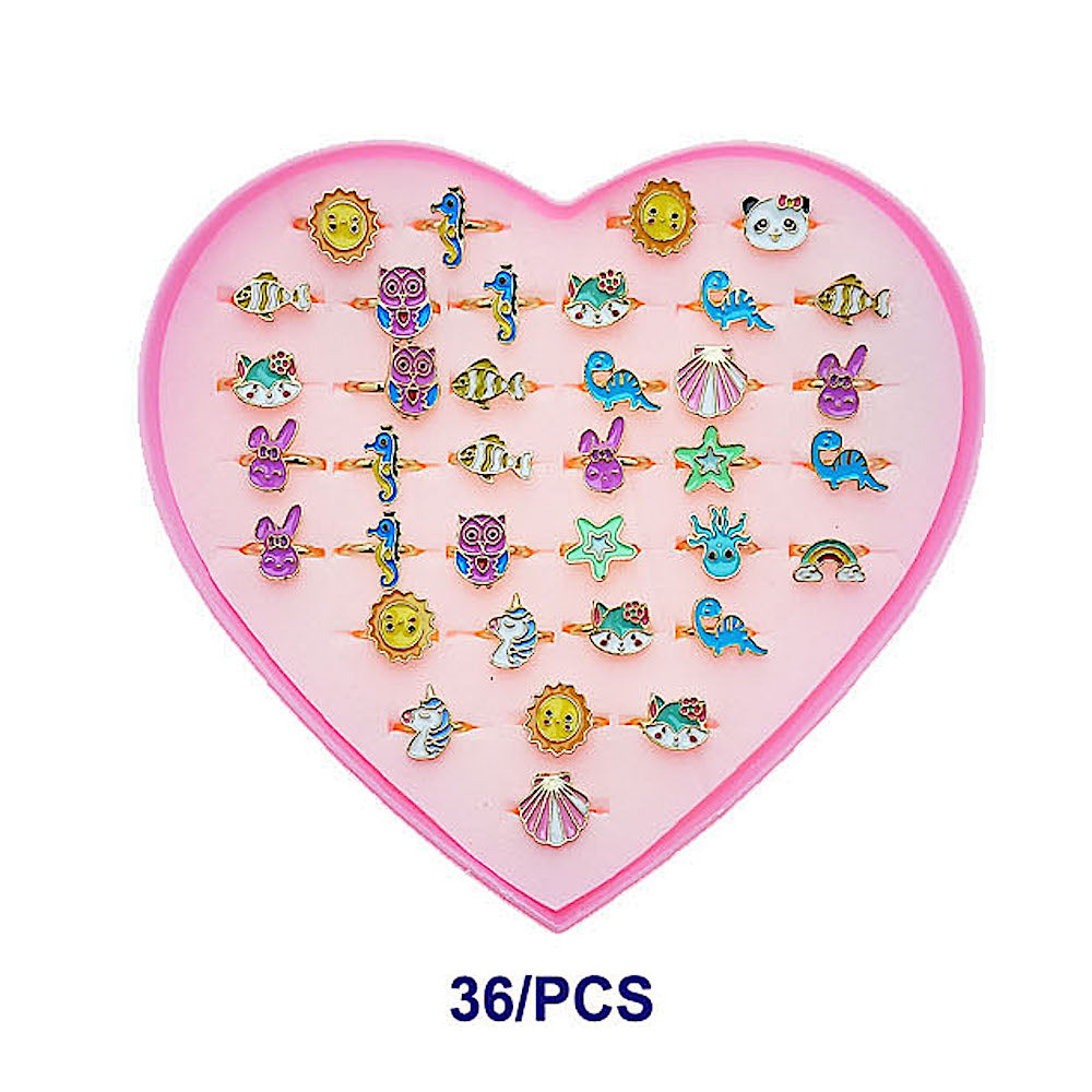 36 PCS Enamel Cartoon Animal Rings (Kids)