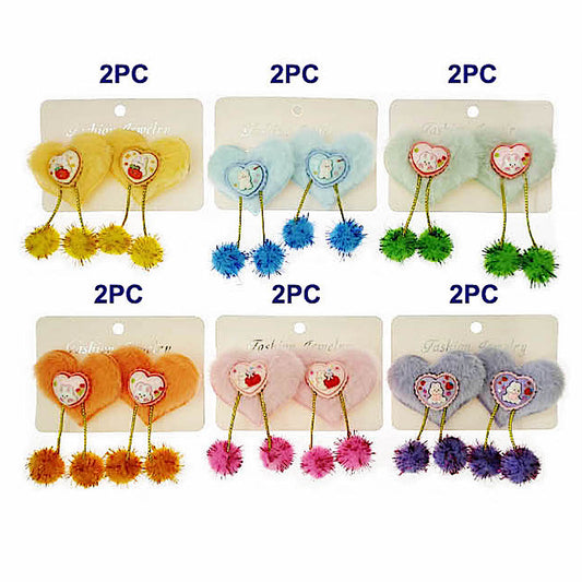 Faux Fur Bunny Heart Pom Pom Hair Clips