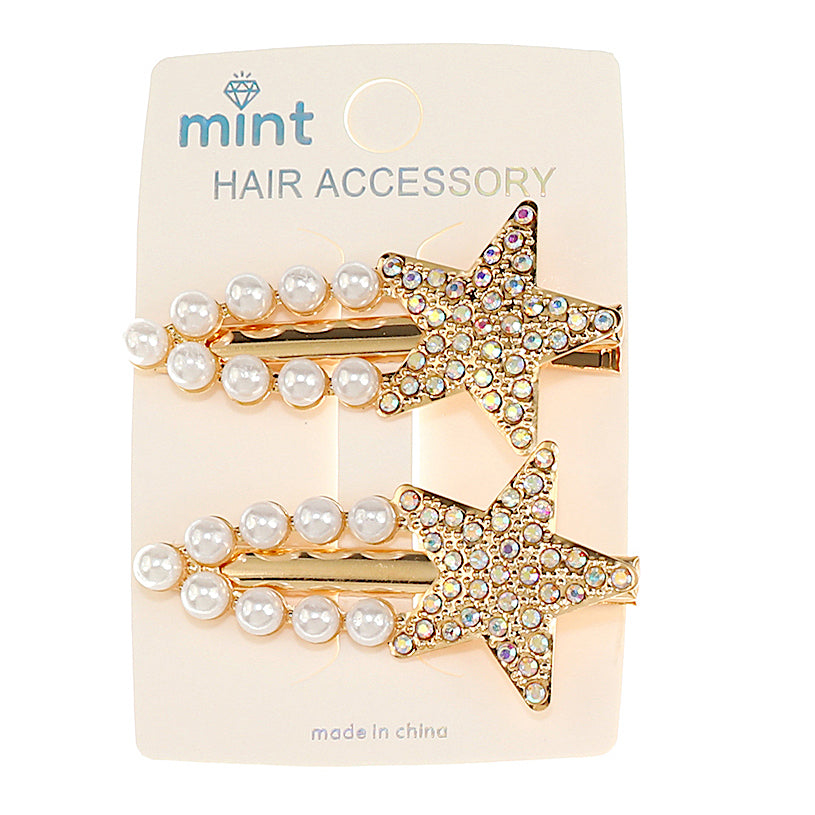 JH46846 - Rhinestone & Pearl Star Hair Clips