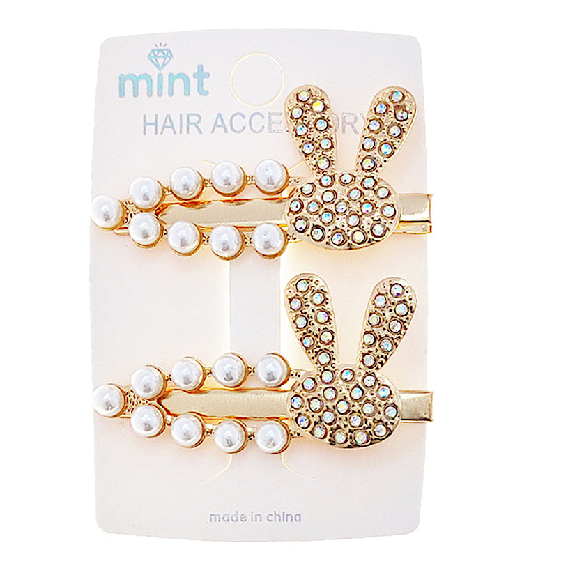 JH46850 - Rhinestone & Pearl Bunny Hair Clips