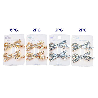 JH46852 - Rhinestone & Pearl Bow Hair Clips