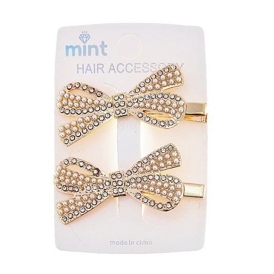 JH46852 - Rhinestone & Pearl Bow Hair Clips