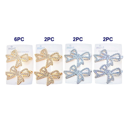 JH46855 - Rhinestone & Pearl Bow Hair Clips