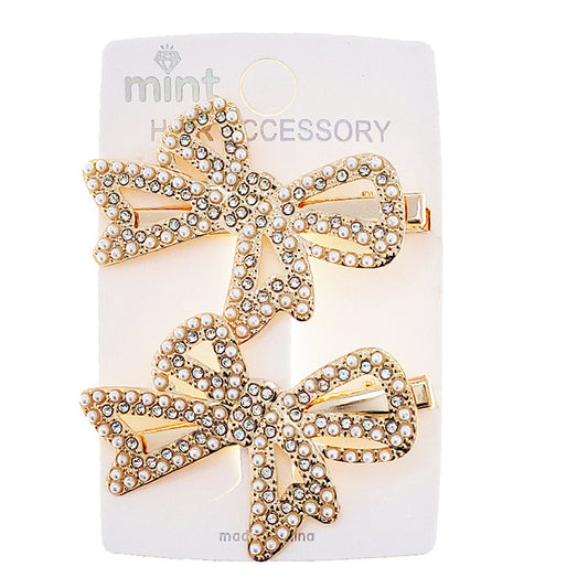 JH46855 - Rhinestone & Pearl Bow Hair Clips