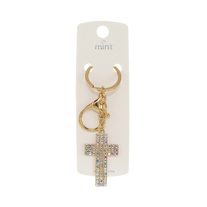 JK46745-Rhinestone White Cross Keychain