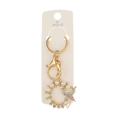 JK48031-Pearl Wreath Rhinestone Butterfly Keychain