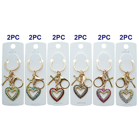 Rhinestone Heart Cross Charm Keychain