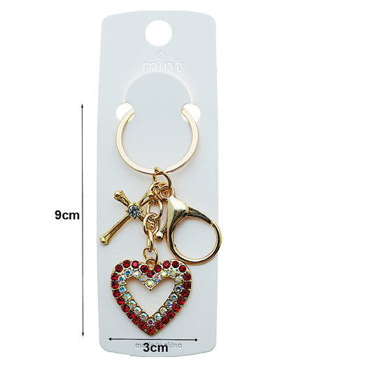 Rhinestone Heart Cross Charm Keychain