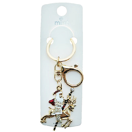 Rhinestone Christmas Santa & Reindeer Keychain