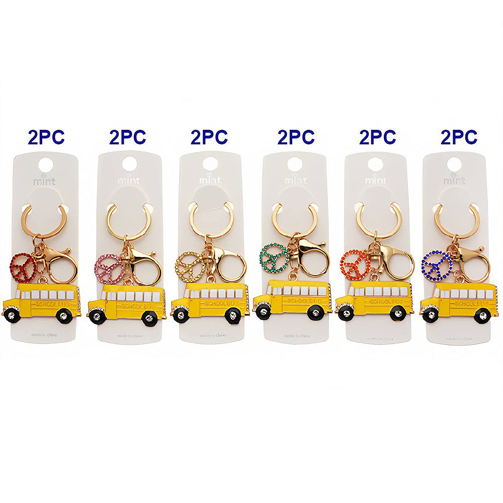 Enamel School Bus Peace Charm Keychain