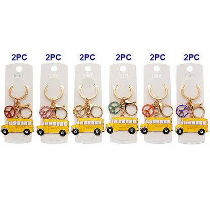 Enamel School Bus Peace Charm Keychain