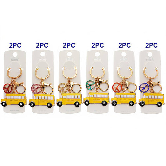 Enamel School Bus Peace Charm Keychain