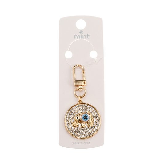 JK44359 - Rhinestone Circle Elephant Evil Eye Keychain