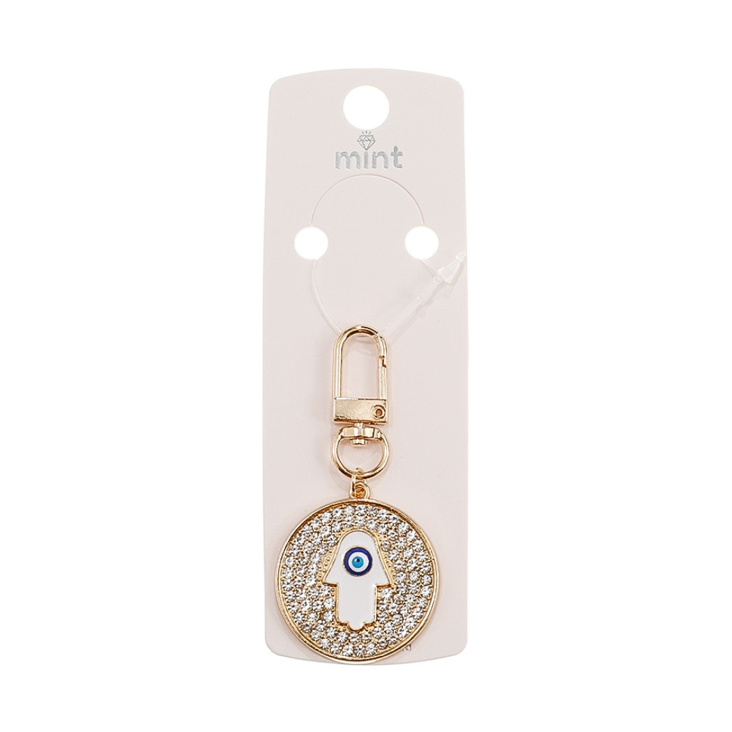 JK44360-Rhinestone White Circle Hamsa Evil Eye Keychain