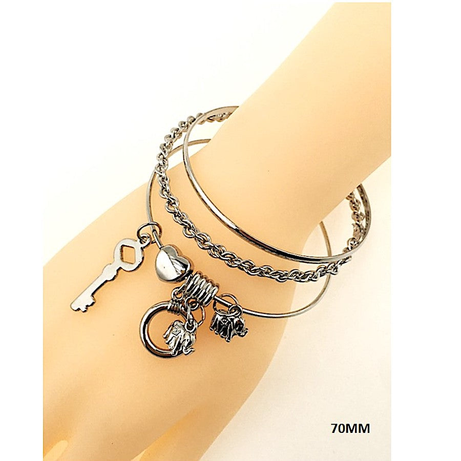 Elephant & Key Charm Bangle Bracelet