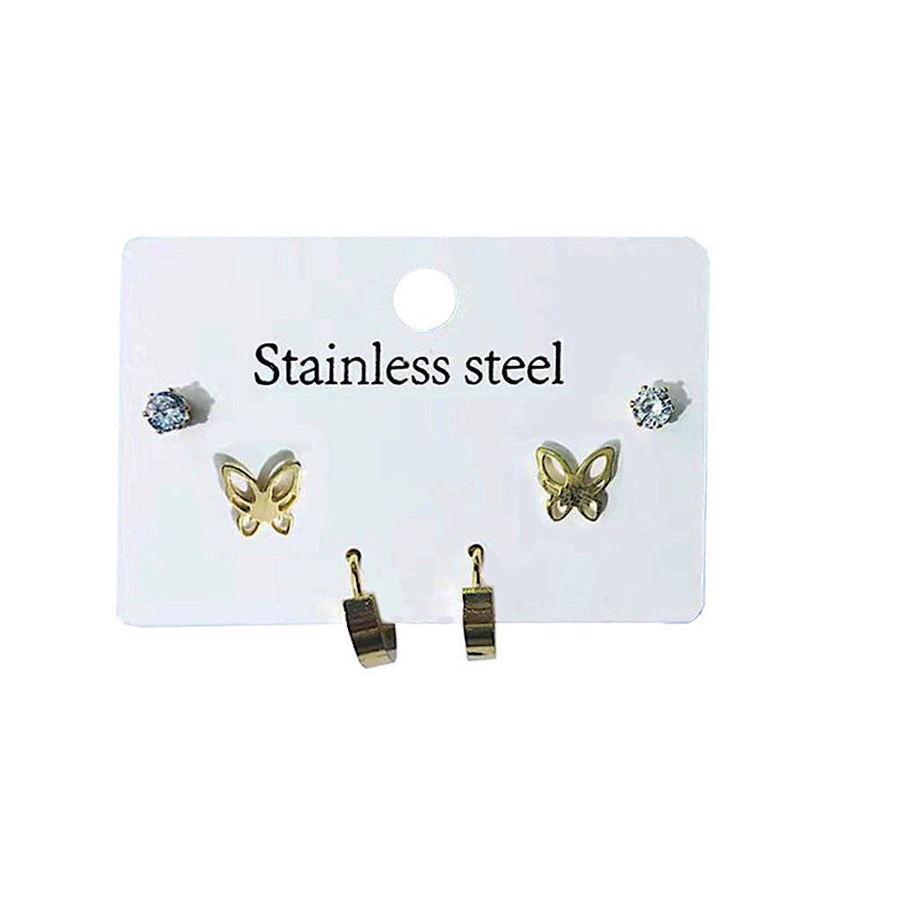 TE2054 - Stainless Steel Butterfly 3 Pair Earring Set