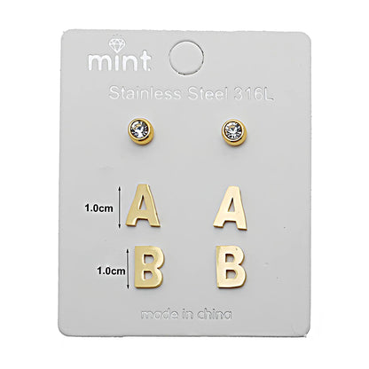 Stainless Steel 3 Pair Gold Alphabet Stud Earring Set