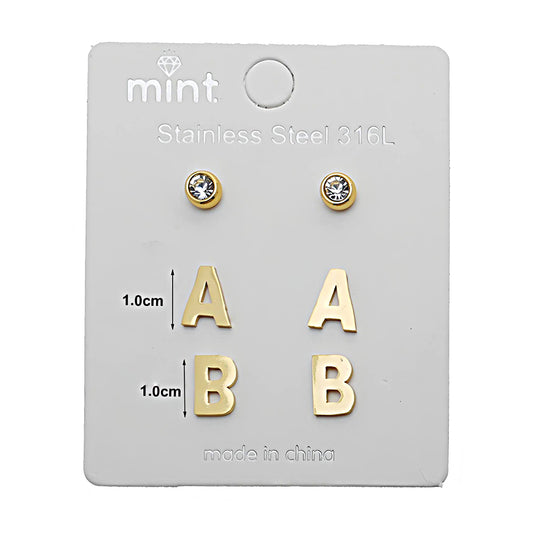 Stainless Steel 3 Pair Gold Alphabet Stud Earring Set