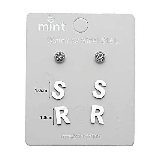 Stainless Steel 3 Pair Silver Alphabet Stud Earring Set