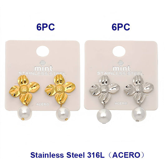Stainless Steel Flower Pearl Dangle Earring