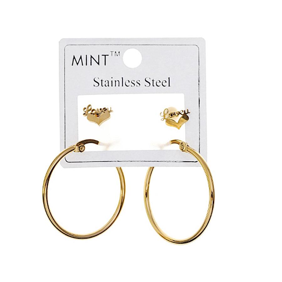 TE889 - Stainless Steel Heart Studs & Hoops Set