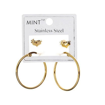 TE889 - Stainless Steel Heart Studs & Hoops Set