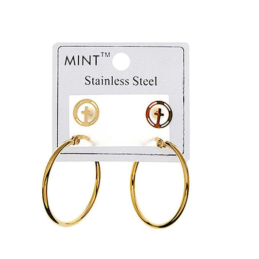 TE891 - Stainless Steel Cross Studs & Hoops Set