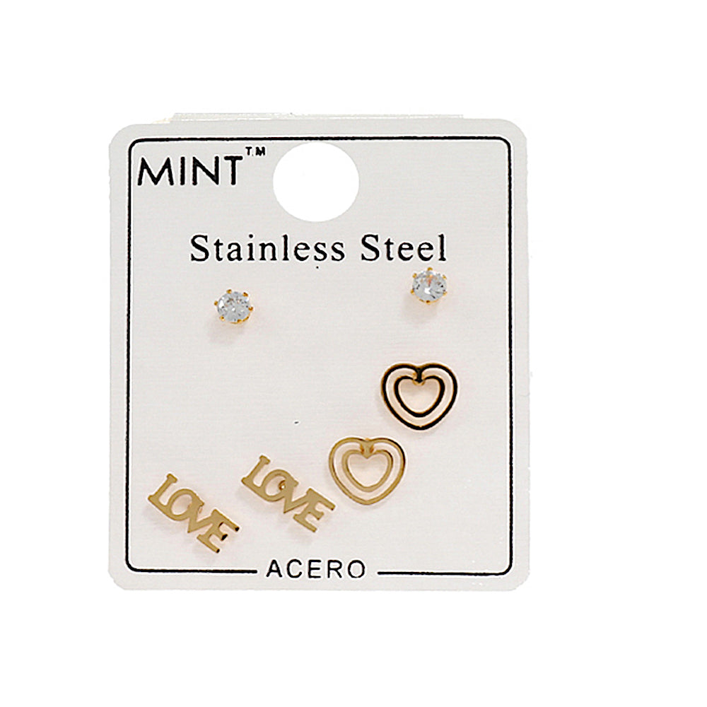 TE1283 - Stainless Steel Love 3 Pair Stud Earring Set