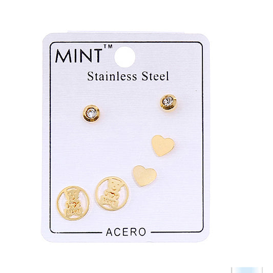 TE820 - Stainless Steel Teddy Bear 3 Pair Stud Earring Set