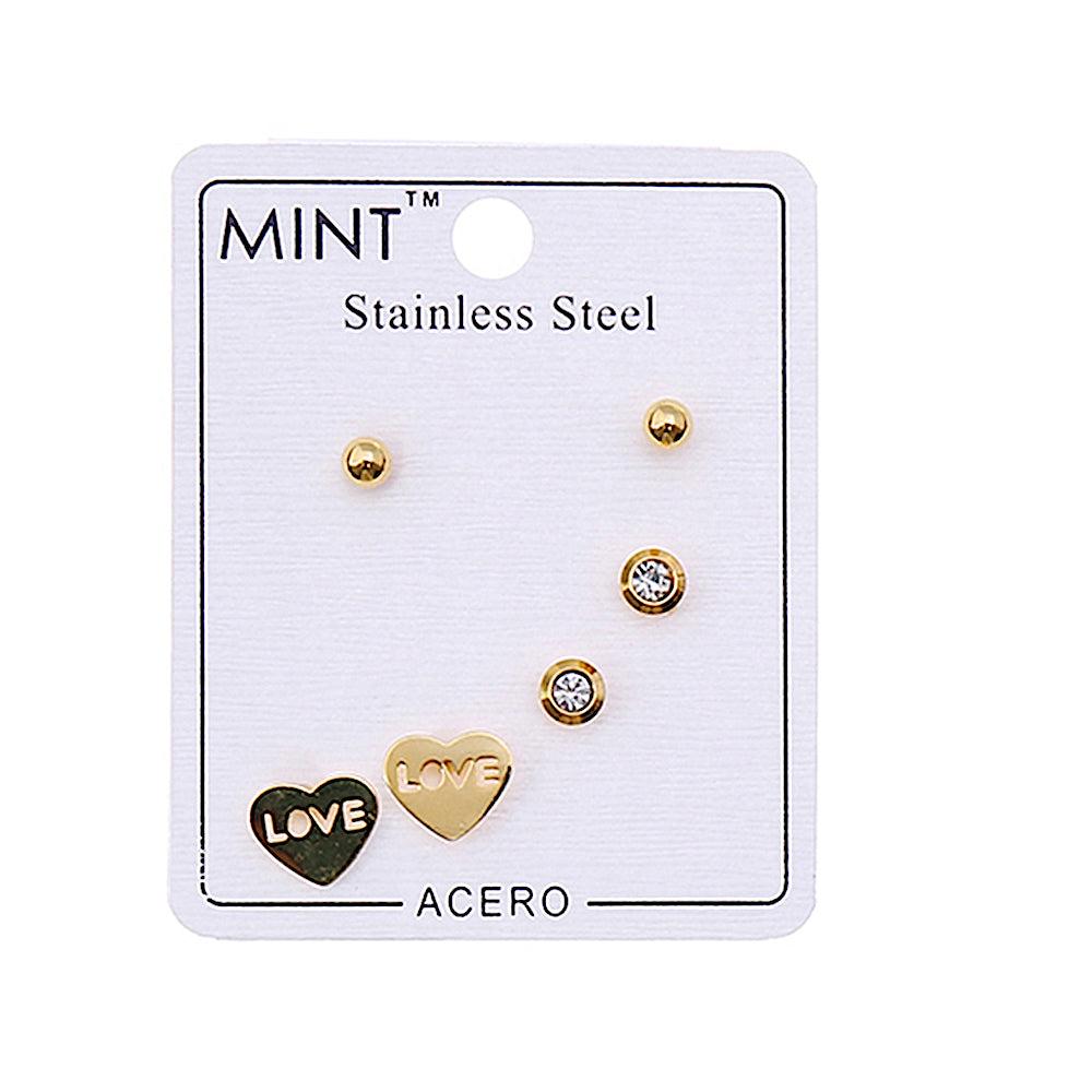 TE823 - Stainless Steel Hear 3 Pair Stud Earring Set