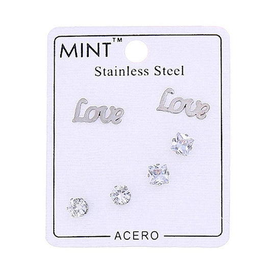 TE839 - Stainless Steel Love 3 Pair Stud Earring Set