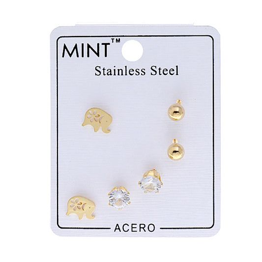 TE861 - Stainless Steel Elephant 3 Pair Stud Earring Set