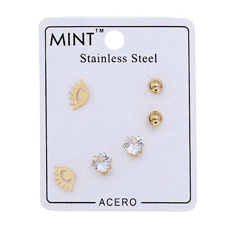 TE862 - Stainless Steel Evil Eye 3 Pair Stud Earring Set