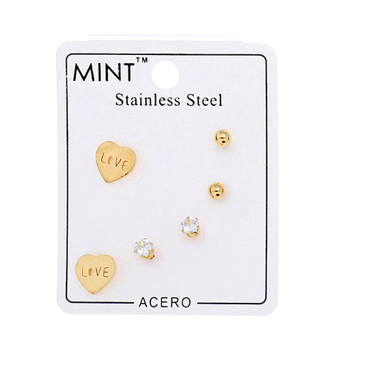 TE867 - Stainless Steel Heart 3 Pair Stud Earring Set