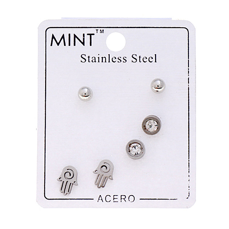 TE935S - Stainless Steel Hamsa Hand 3 Pair Stud Earring Set