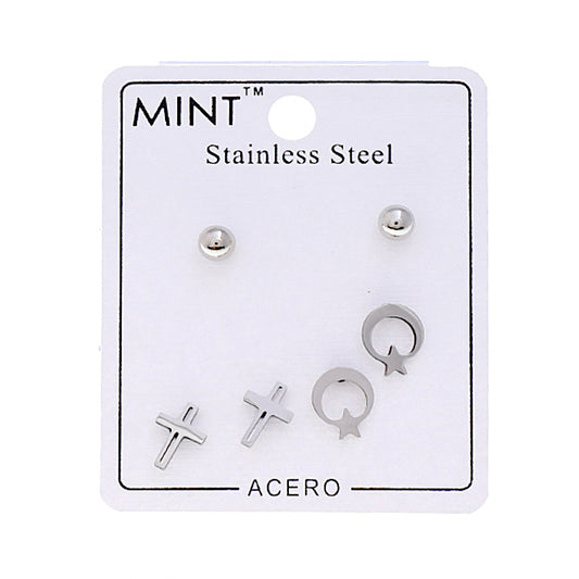 TE937S - Stainless Steel Celestial Cross 3 Pair Stud Earring Set