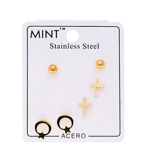 TE937 - Stainless Steel Celestial Cross 3 Pair Stud Earring Set