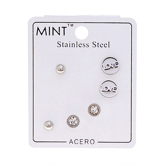 TE943S - Stainless Steel Love 3 Pair Stud Earring Set