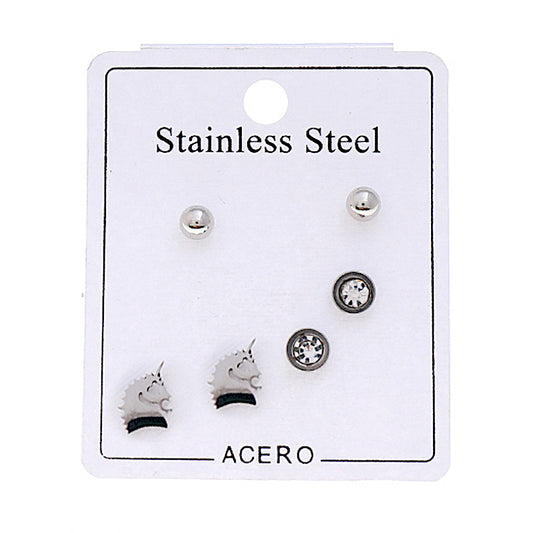 TE946S - Stainless Steel Unicorn 3 Pair Stud Earring Set