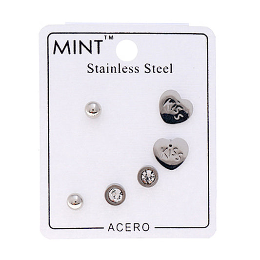 TE947S - Stainless Steel Heart Kiss 3 Pair Stud Earring Set