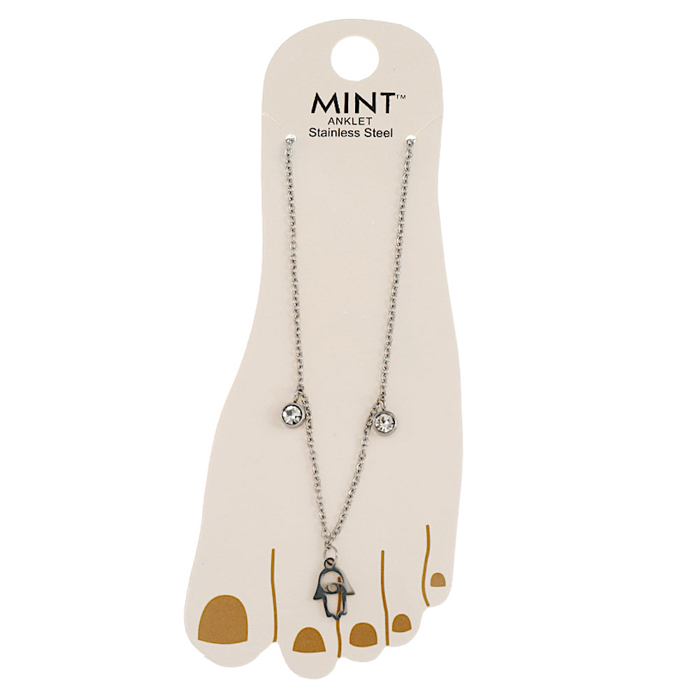 Filigree Hamsa Hand & Crystal Drop Stainless Steel Anklet