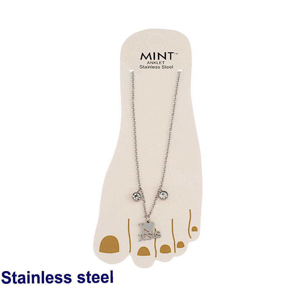 Stainless Steel I Love Jesus Crystal Drop Anklet