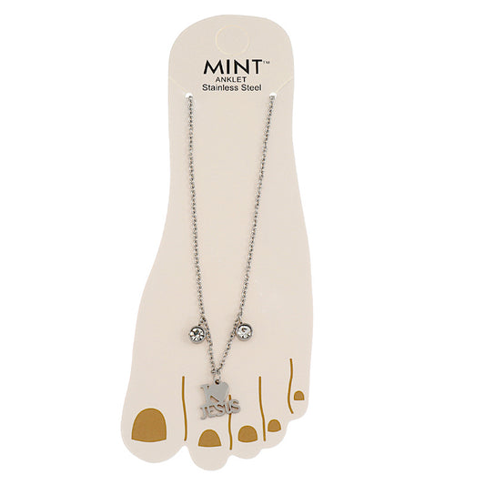 Stainless Steel I Love Jesus Crystal Drop Anklet