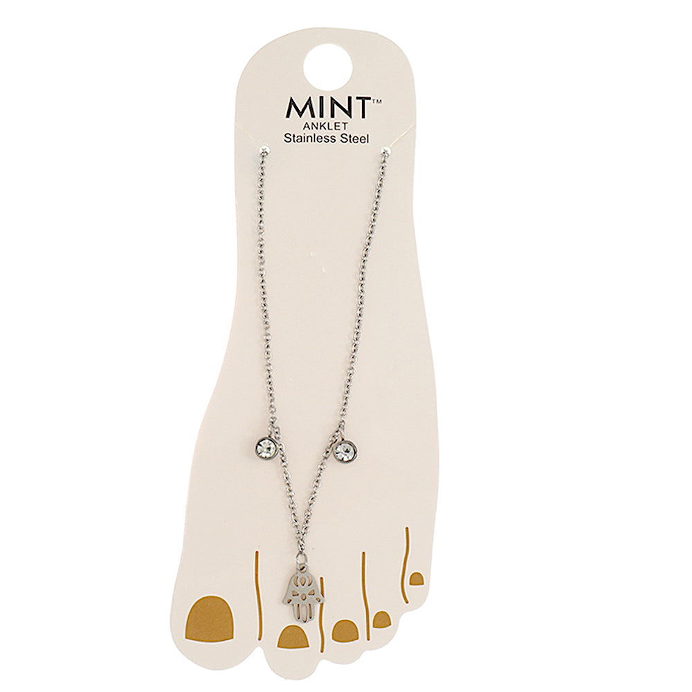 Filigree Hamsa Hand & Crystal Drop Stainless Steel Anklet