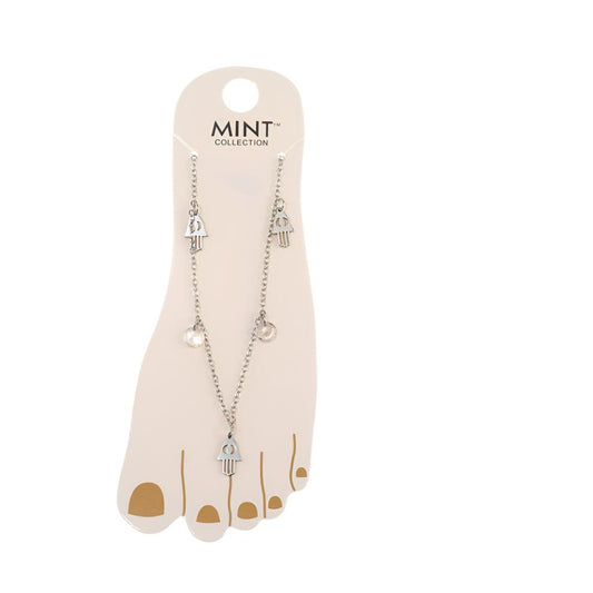 TK1514 - Hamsa Hand & Crystal Drop Stainless Steel Anklet