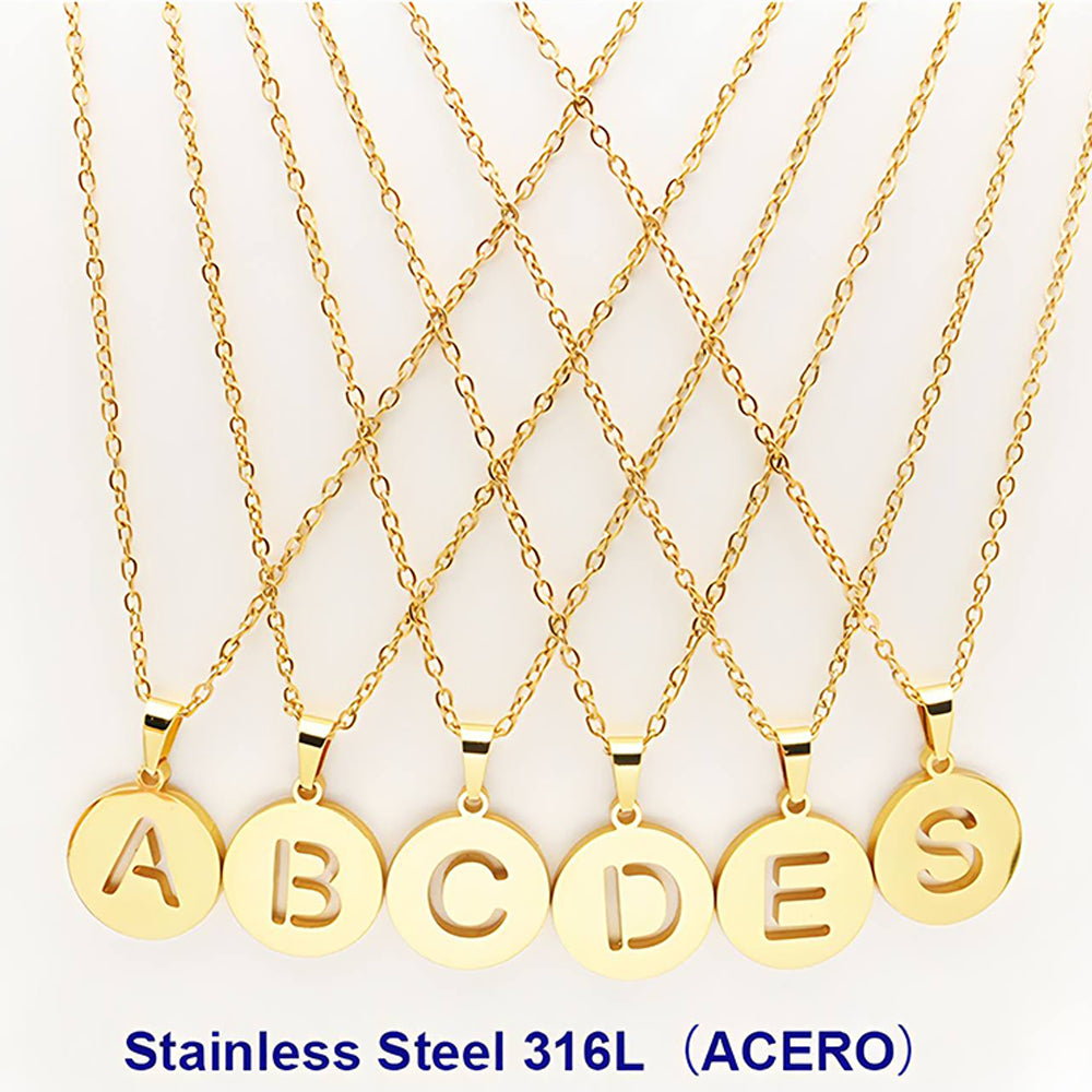 Gold Stainless Steel Alphabet Disc Pendant Necklace