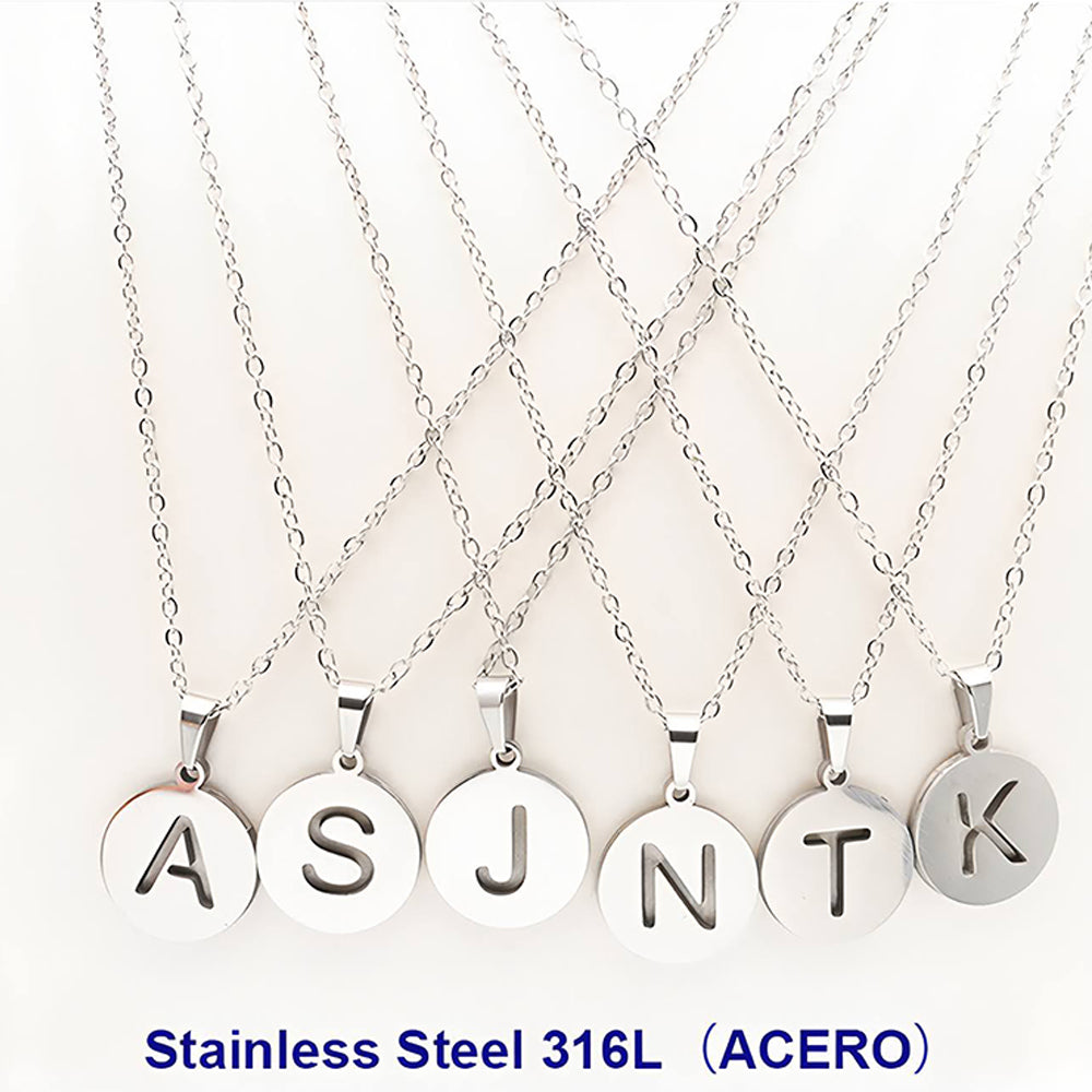 Silver Stainless Steel Alphabet Disc Pendant Necklace