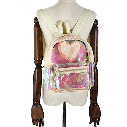 TP176 - Mini Faux Fur Heart Holographic Backpack