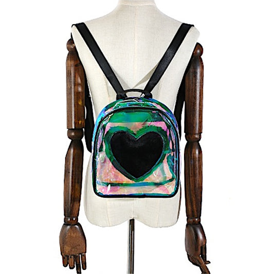 TP179 - Mini Faux Fur Heart Holographic Clear Backpack