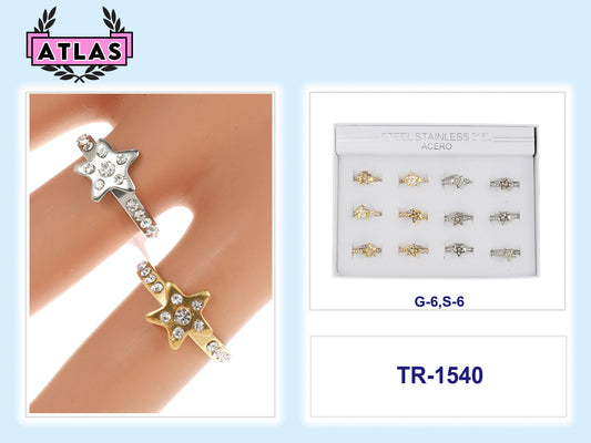 TR1540 - Stainless Steel Rhinestone Star Ring